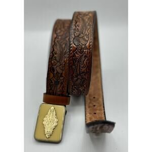 Allison Daniel Designs Brown Acorn Tooled Leather Belt Yellow Gold Buckle Sz 34